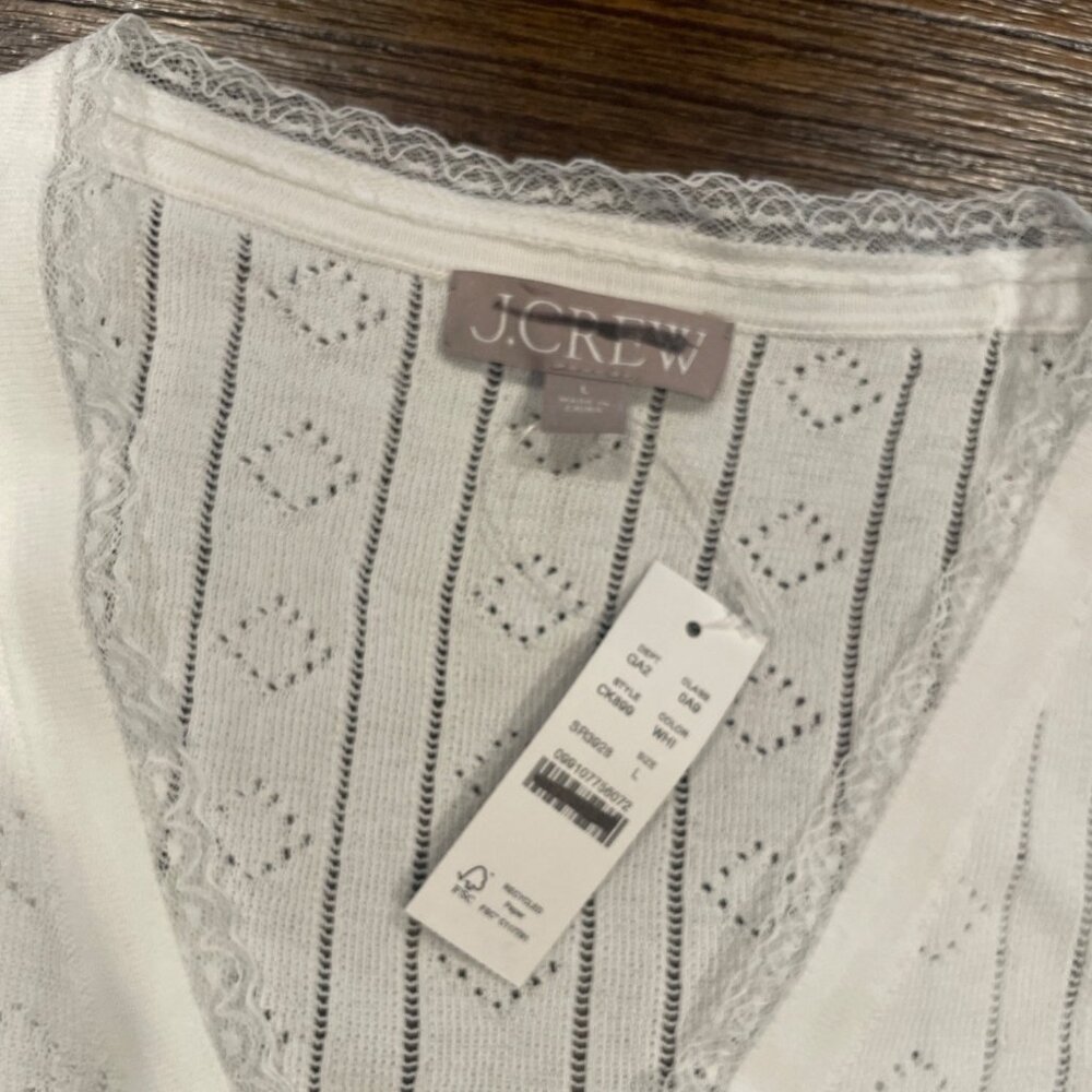 NWT J.Crew Sz L White Pointelle Short-Sleeve V-Neck Cardigan Ultra-Fine Cotton - Picture 4 of 9
